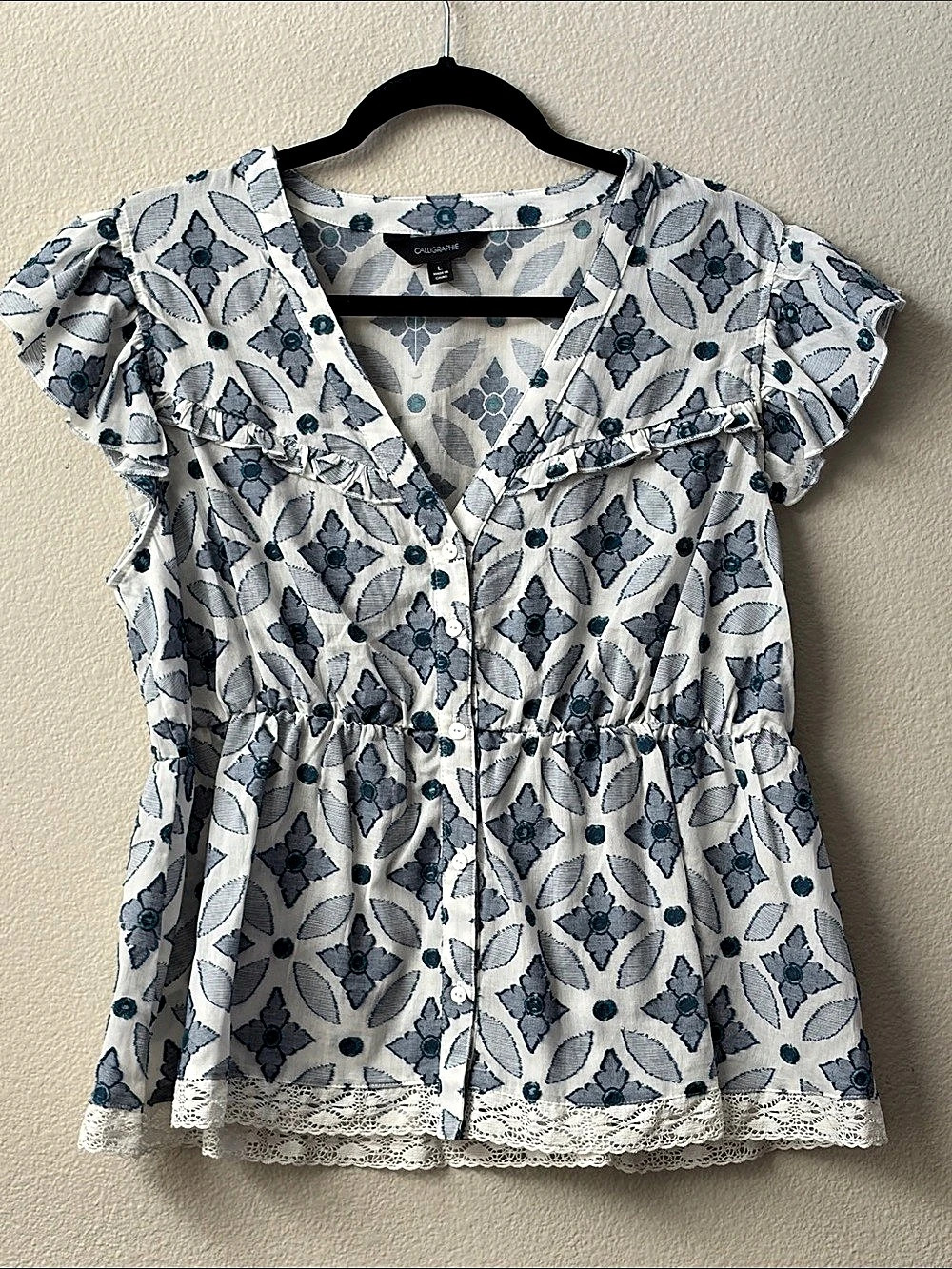 Calligraphie Floral Ruffle Blouse in Blue & White NWT